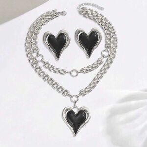 3pcs Colorblock Heart Necklace & Earrings Set
